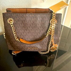 Small brown and camel Michael Kors gold chain strap purse